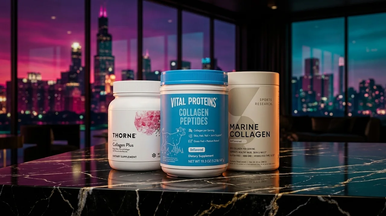 Three collagen supplement tubs — Vital Proteins, Thorne and a marine collagen — on a dark stone surface at dusk
