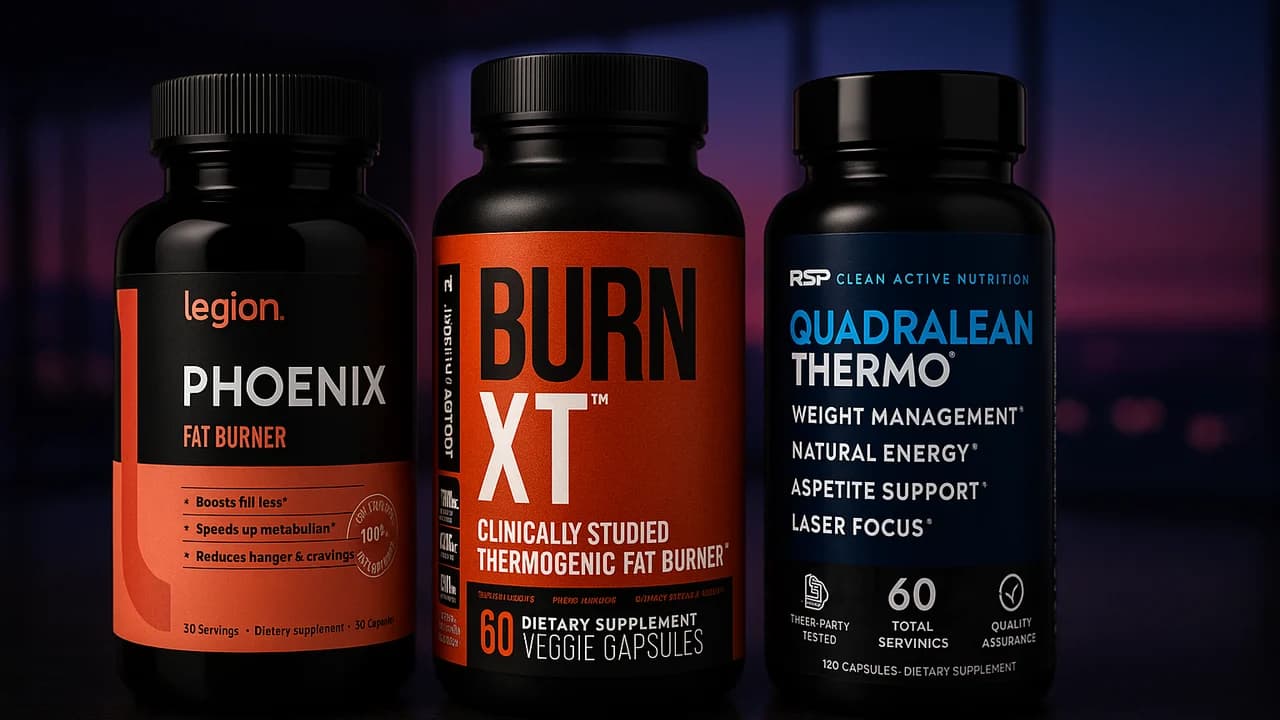 Thermogenic fat-burner supplements — Legion Phoenix, Burn-XT and RSP QuadraLean — on a dark stone surface at dusk