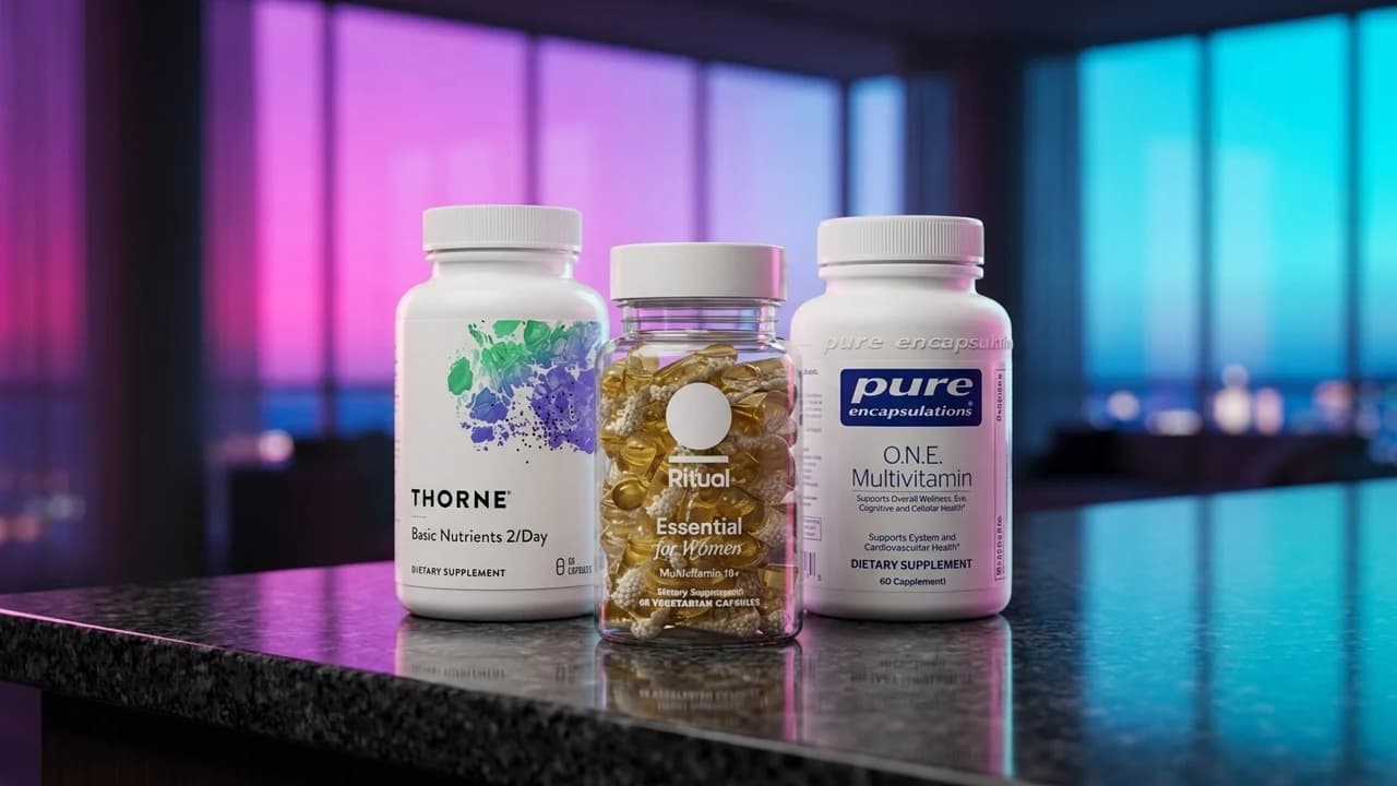 Multivitamin bottles — Thorne, Ritual and Pure Encapsulations — on a dark stone surface at dusk