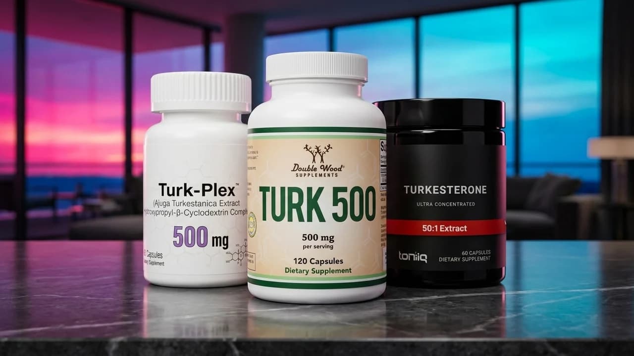 Turkesterone supplement bottles on a dark stone surface at dusk