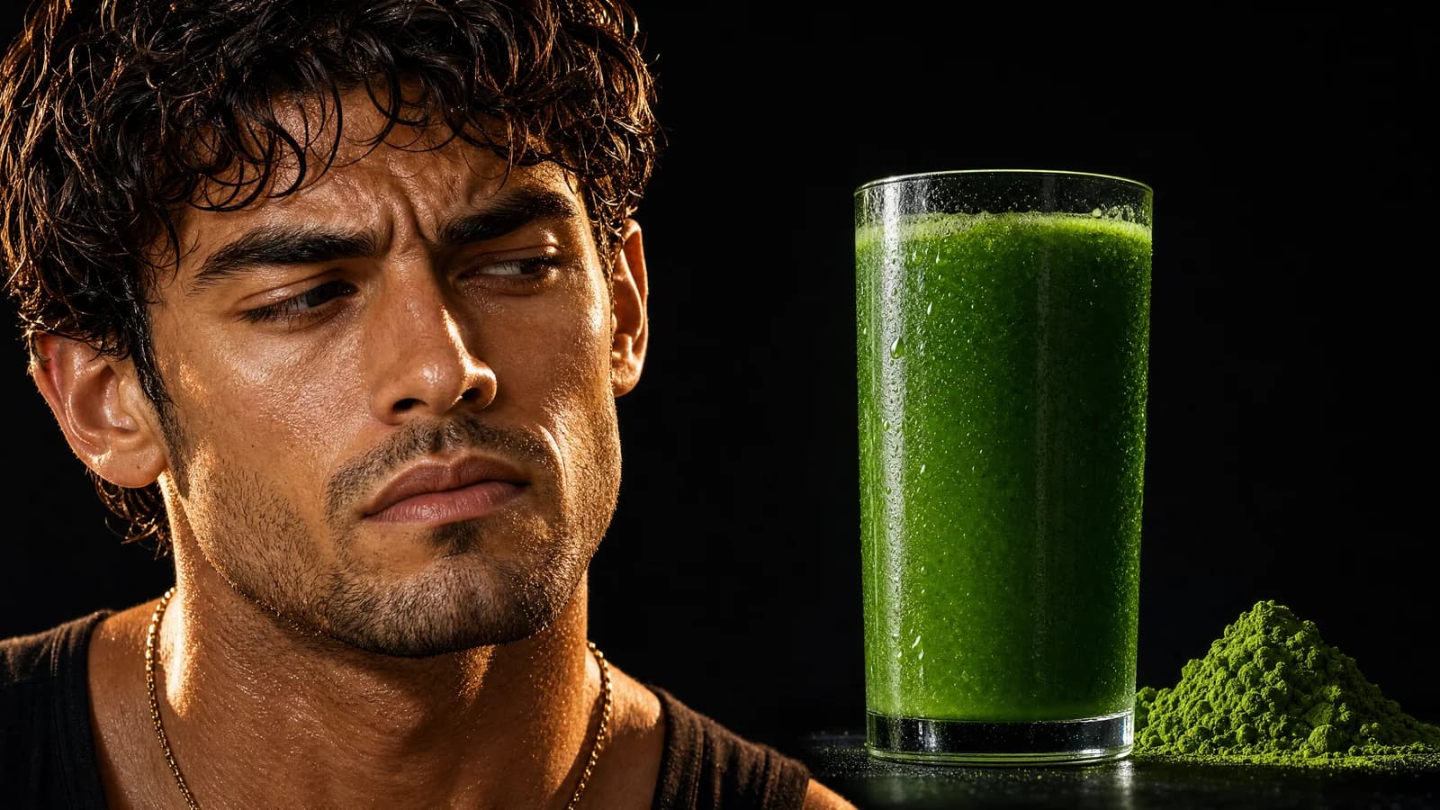 A skeptical Sterling beside a tall vivid-green greens drink