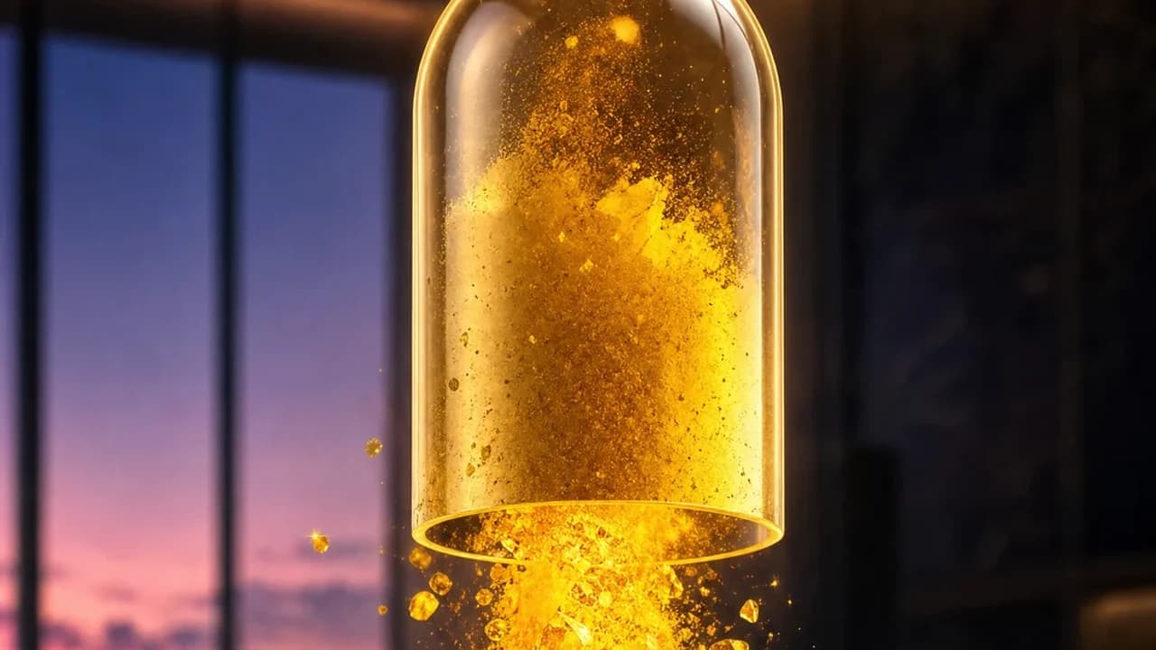 A glowing golden berberine capsule cracked open, amber powder spilling out