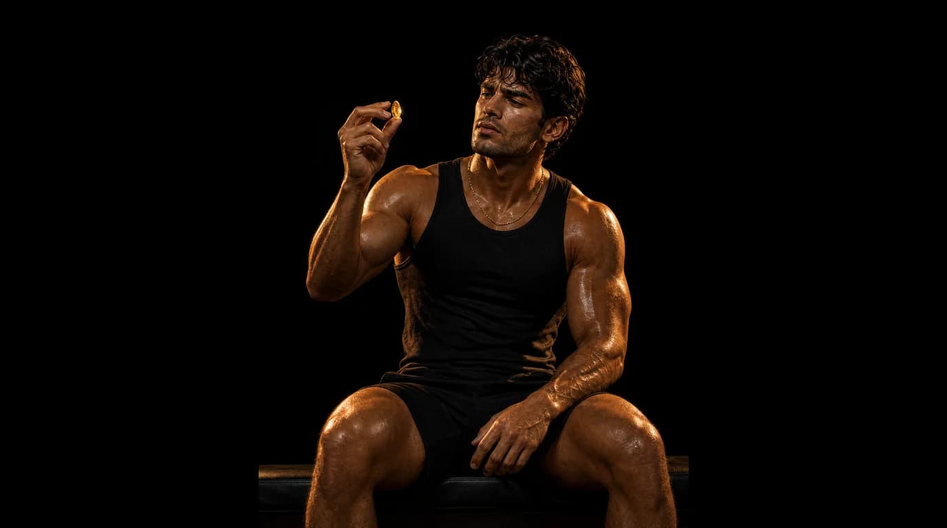 A muscular man lit in gold sits on a gym bench with a hand on his knee, holding a glowing amber tear of frankincense resin up to the light, on pure black