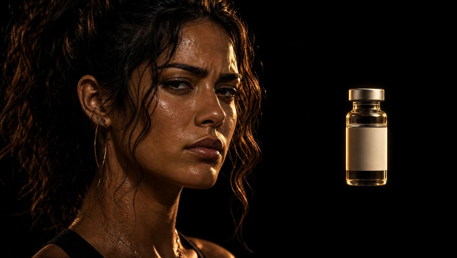 A sceptical woman lit in gold beside a single unlabelled glass vial on pure black