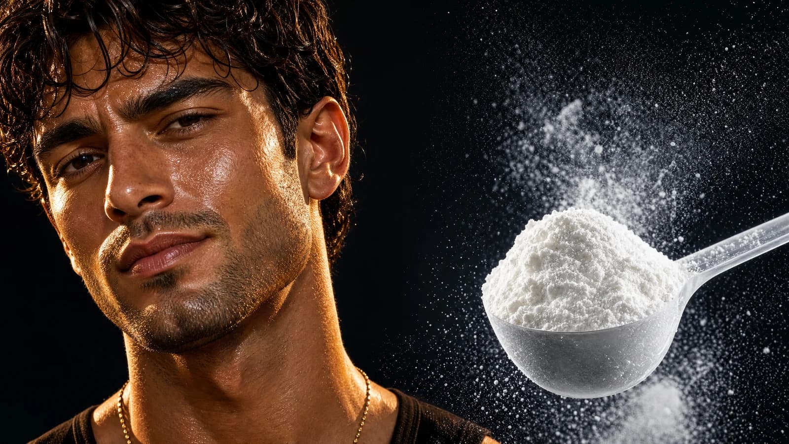 An intrigued Sterling beside a scoop of swirling white collagen powder