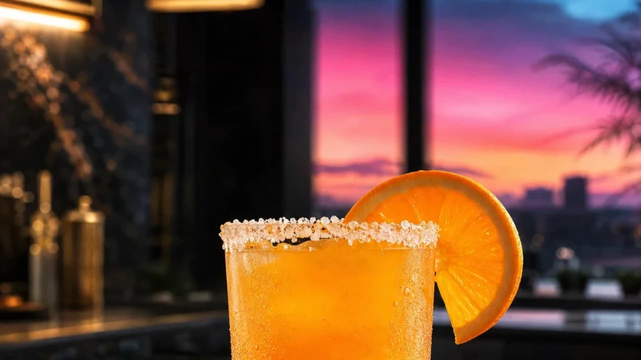 A tall glass of orange cortisol cocktail with a sea-salt rim beside a coconut and orange halves