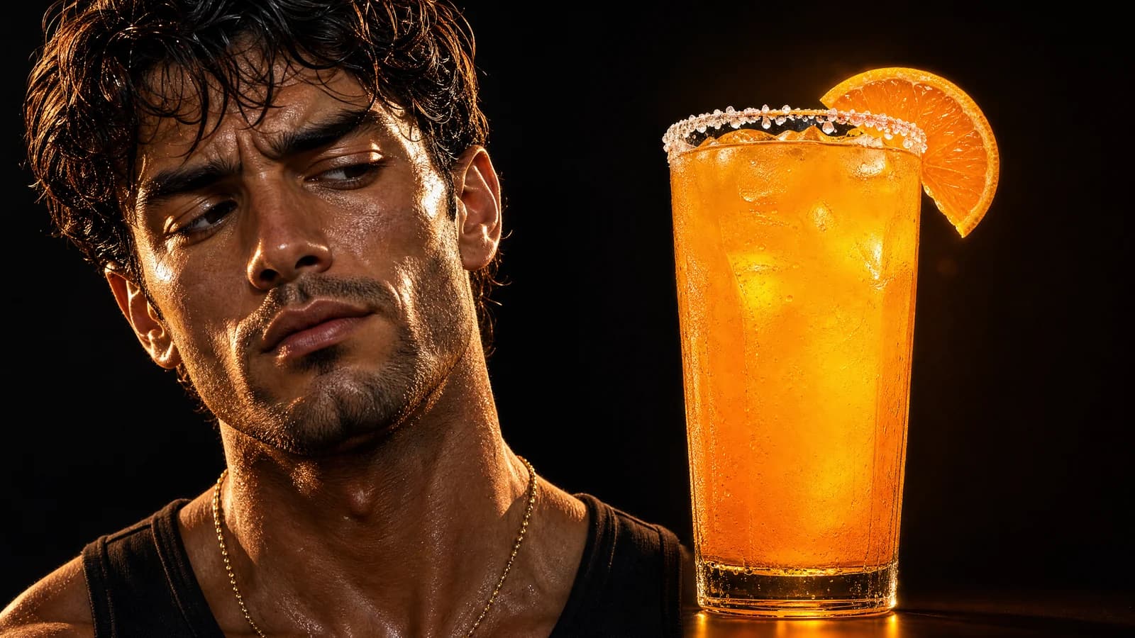 Sterling looks skeptically at a salt-rimmed orange cortisol cocktail
