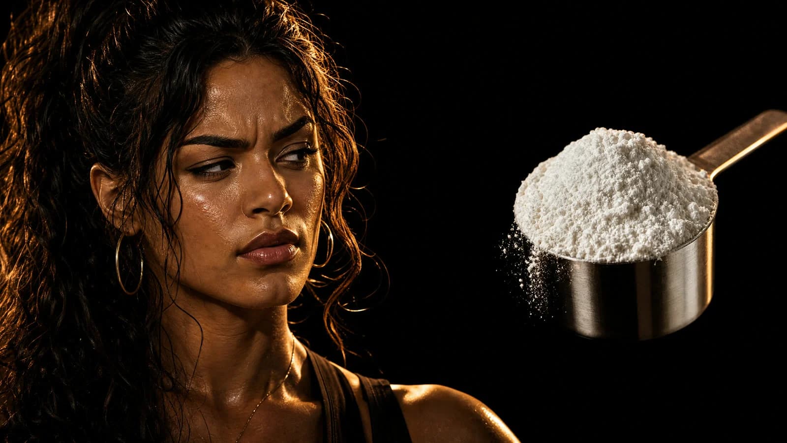 A sceptical woman lit in gold looks sideways at a steel scoop heaped with white creatine powder on pure black