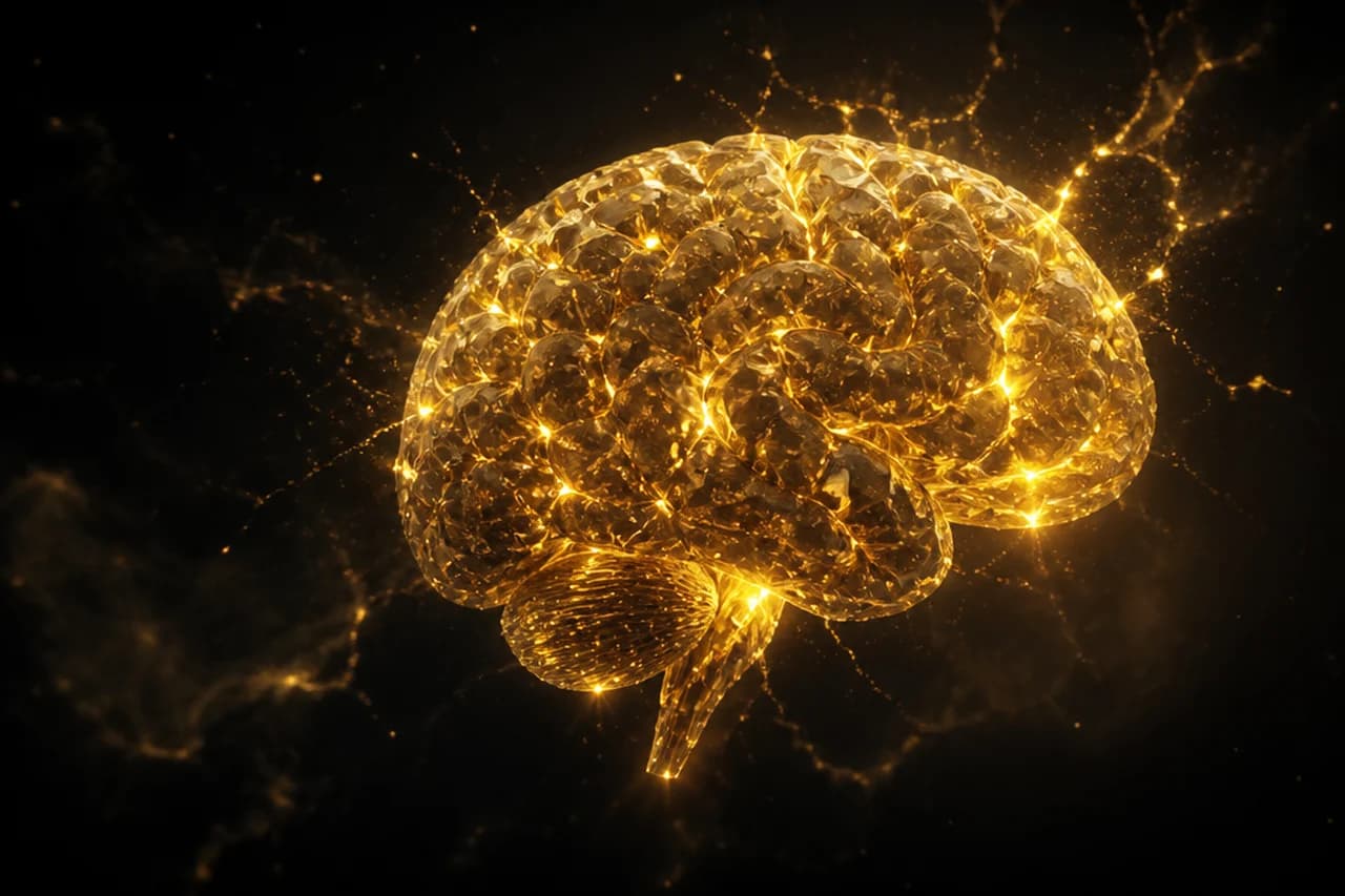 A luminous human brain made of glowing gold creatine crystals with firing neural sparks, floating in near-black space
