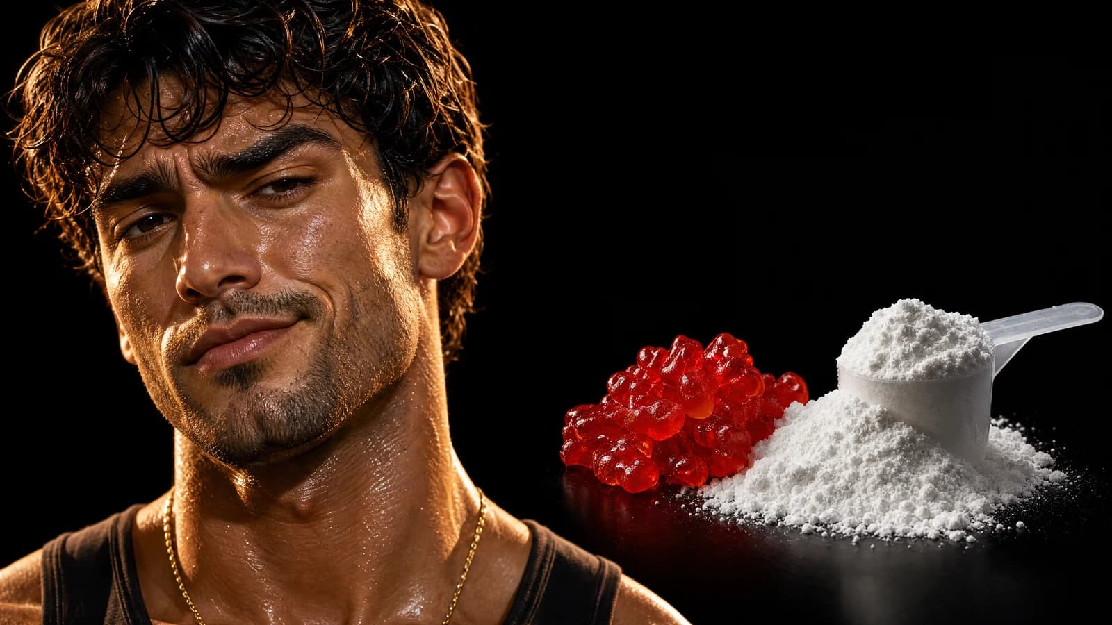 An amused Sterling beside red gummies next to a plain scoop of creatine powder