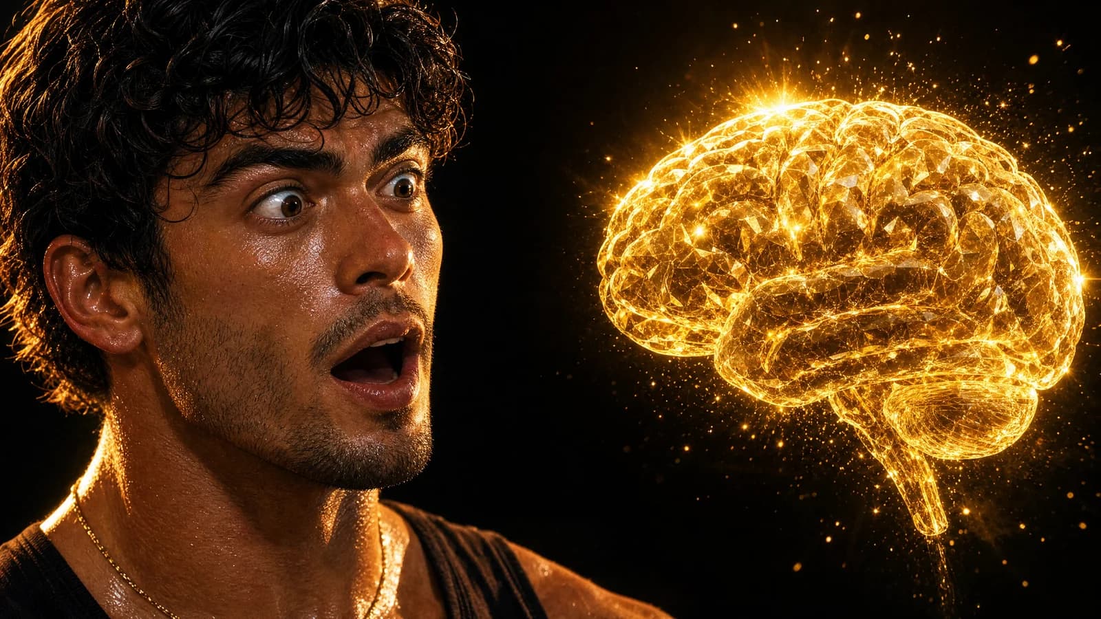 Sterling reacts amazed to a luminous golden brain made of creatine crystals