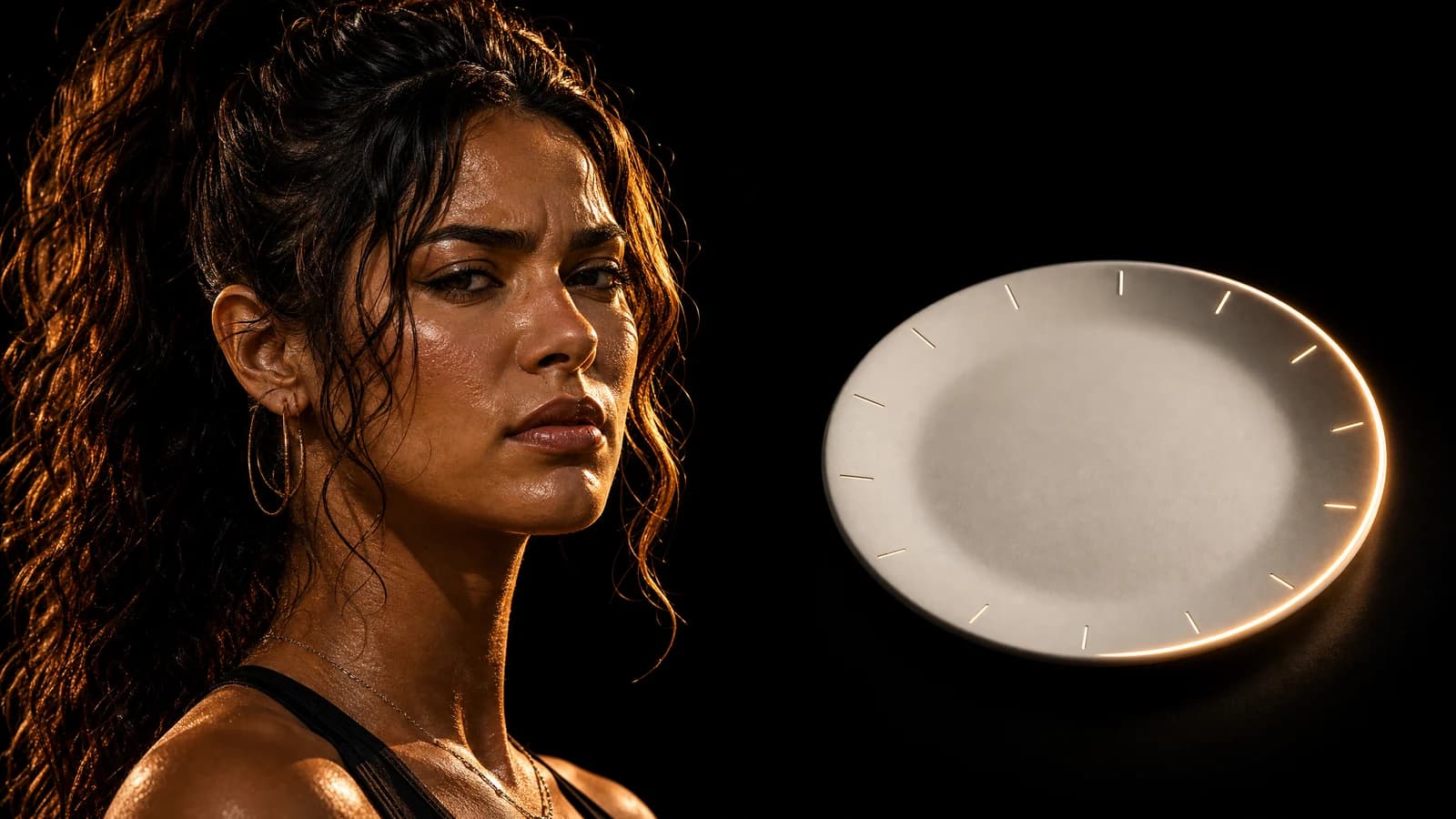 A skeptical woman lit in gold beside an empty plate whose rim glows like a clock face