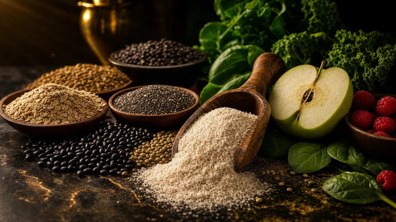 A wooden scoop of psyllium fiber powder beside high-fiber whole foods — black beans, lentils, chia, a halved green apple, raspberries and leafy greens — on a dark stone surface