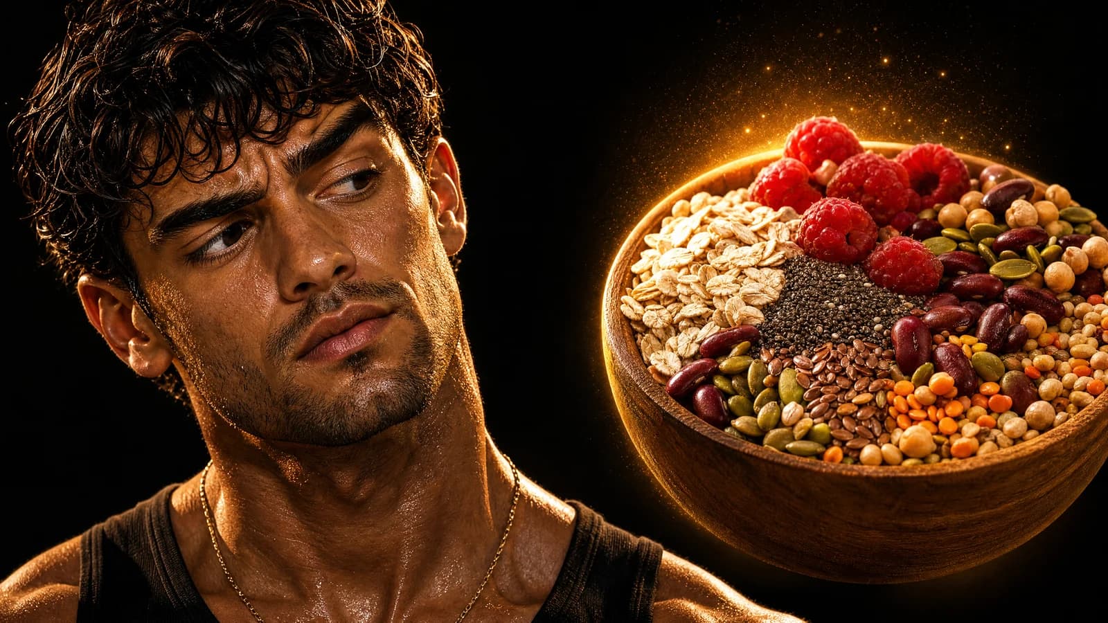 A curious Sterling beside a glowing bowl of fiber-rich foods