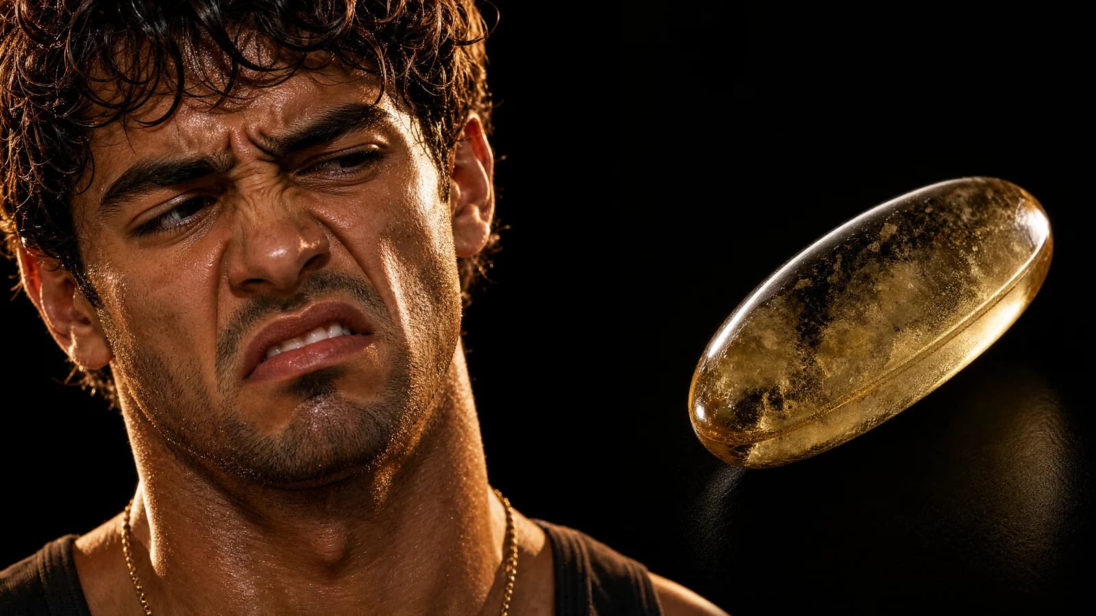 A disgusted Sterling beside a murky, spoiled-looking fish-oil capsule