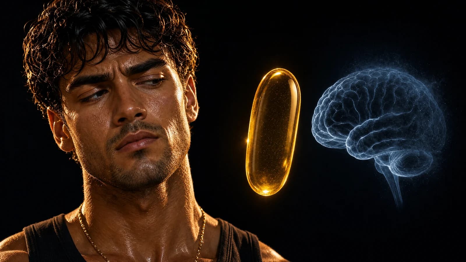 A skeptical Sterling beside a fish-oil capsule and a fading ghosted brain