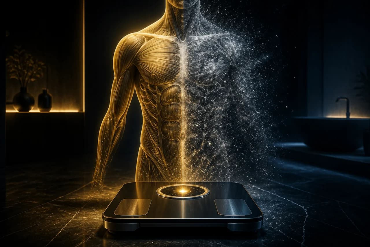 A bathroom scale with a translucent human torso rising from it — one half glowing gold muscle fibers, the other half dissolving into pale particles