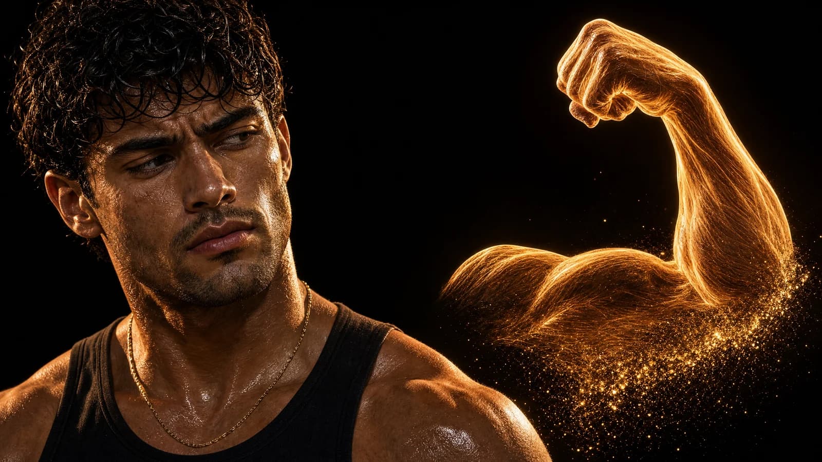 A concerned Sterling beside a flexed arm of golden muscle fibers dissolving into particles