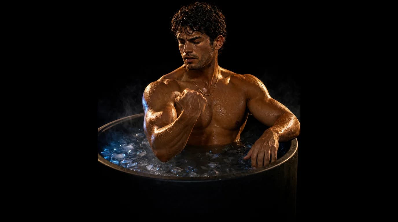 A muscular man lit in gold sits waist-deep in an ice bath full of floating ice, looking at his flexed arm with a worried frown, on pure black