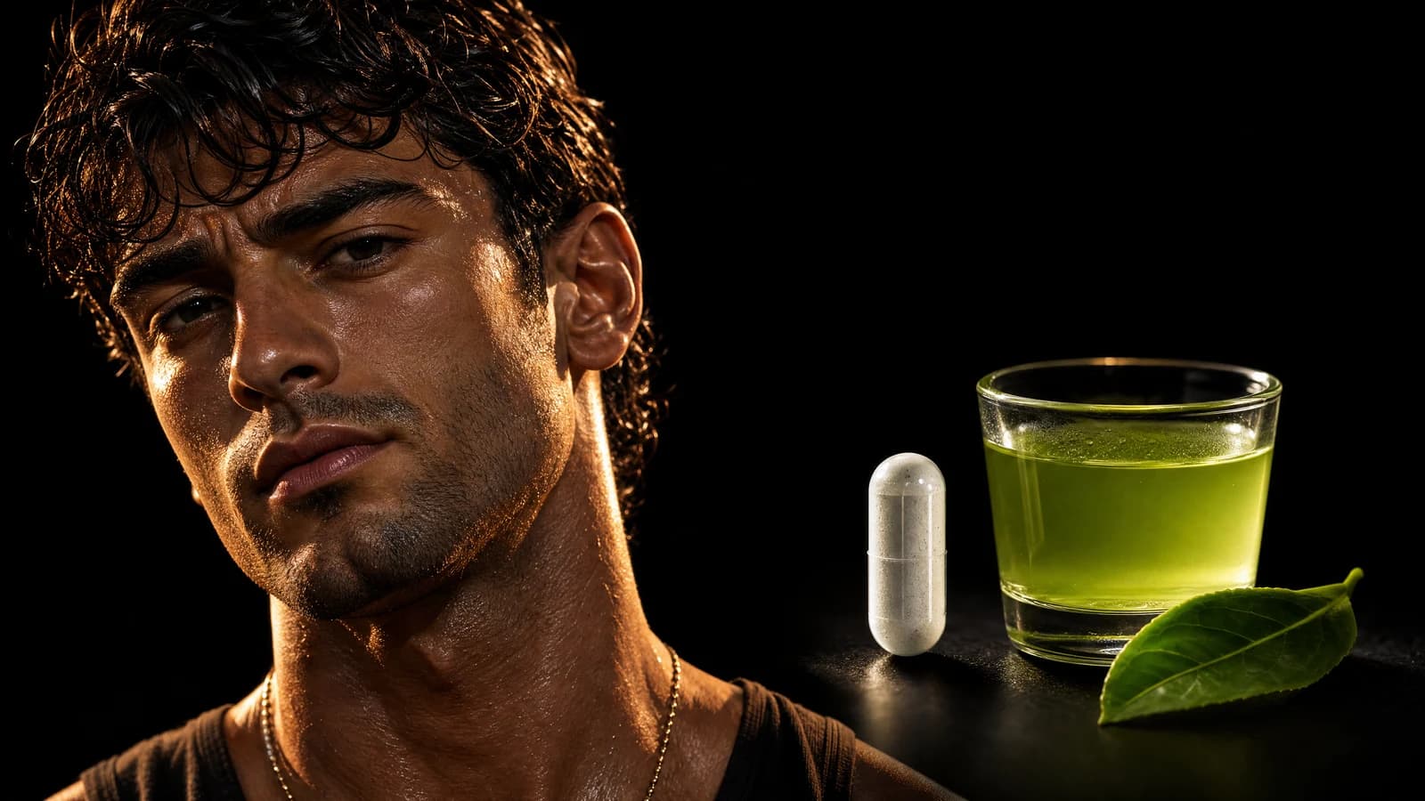Sterling beside a capsule and a glass of bright green tea against pure black