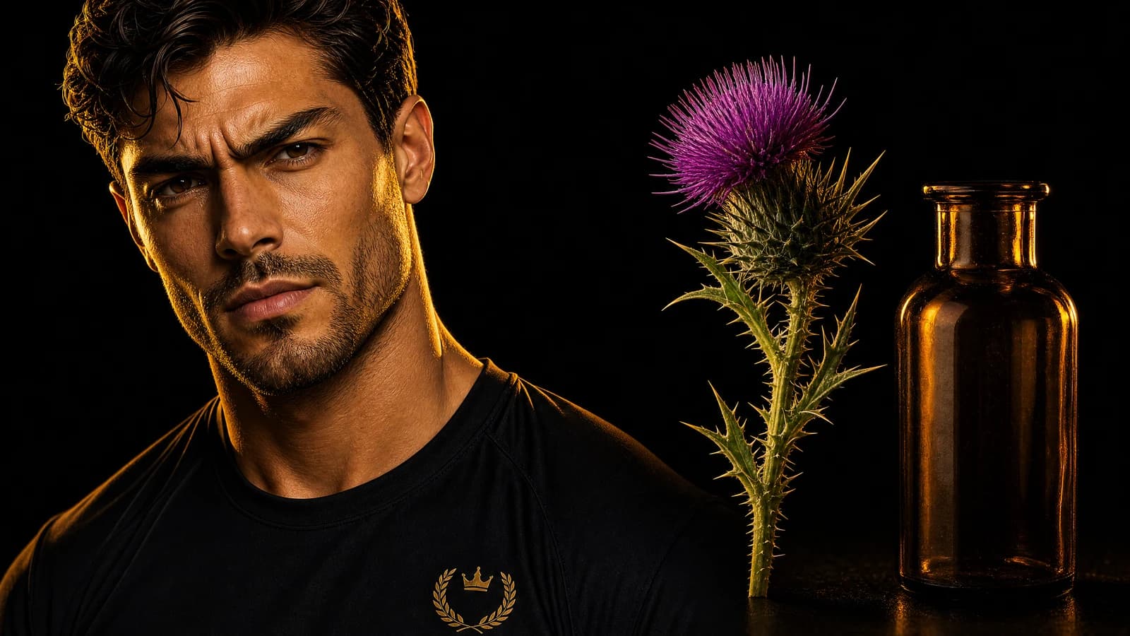 A sceptical man lit in gold beside a milk thistle flower and an unlabelled amber apothecary bottle on pure black