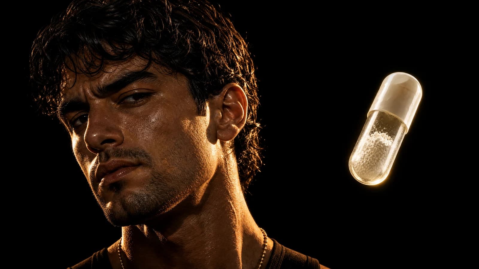 Sterling eyes a single glowing magnesium capsule against pure black