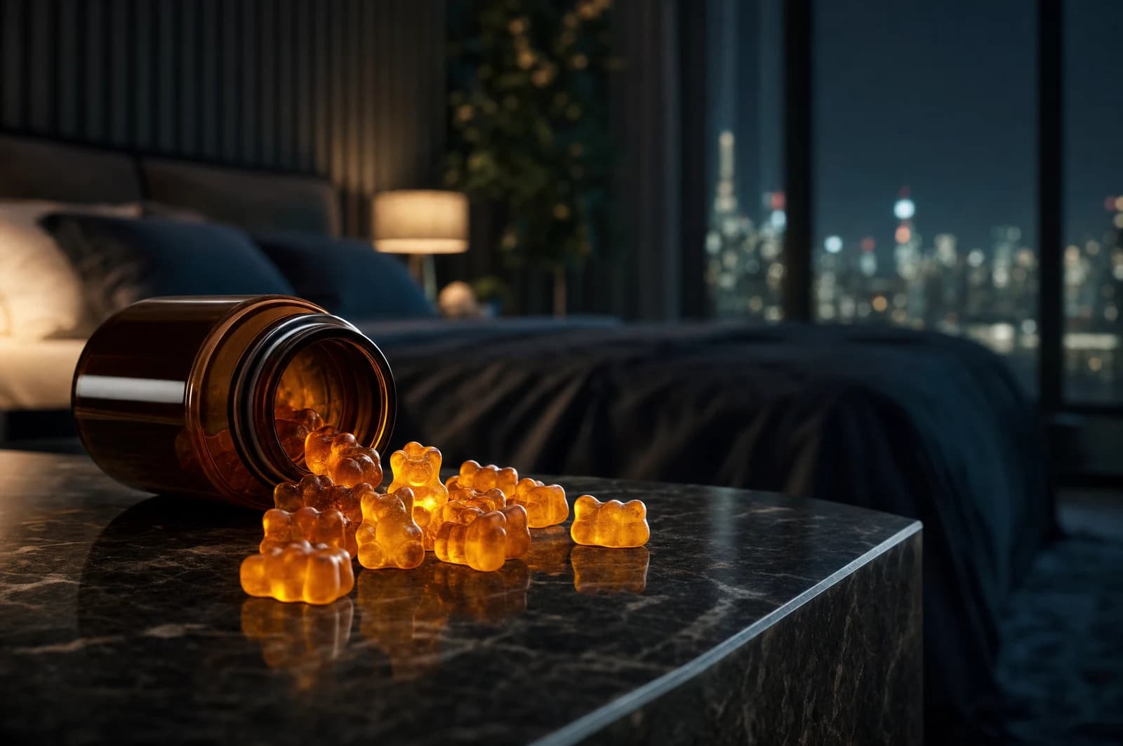 Amber melatonin gummies spilling from an unlabeled bottle onto a nightstand in a dark bedroom at night