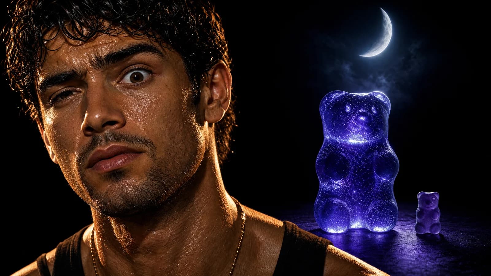 A sleepy, alarmed Sterling beside an enormous glowing melatonin gummy dwarfing a normal one