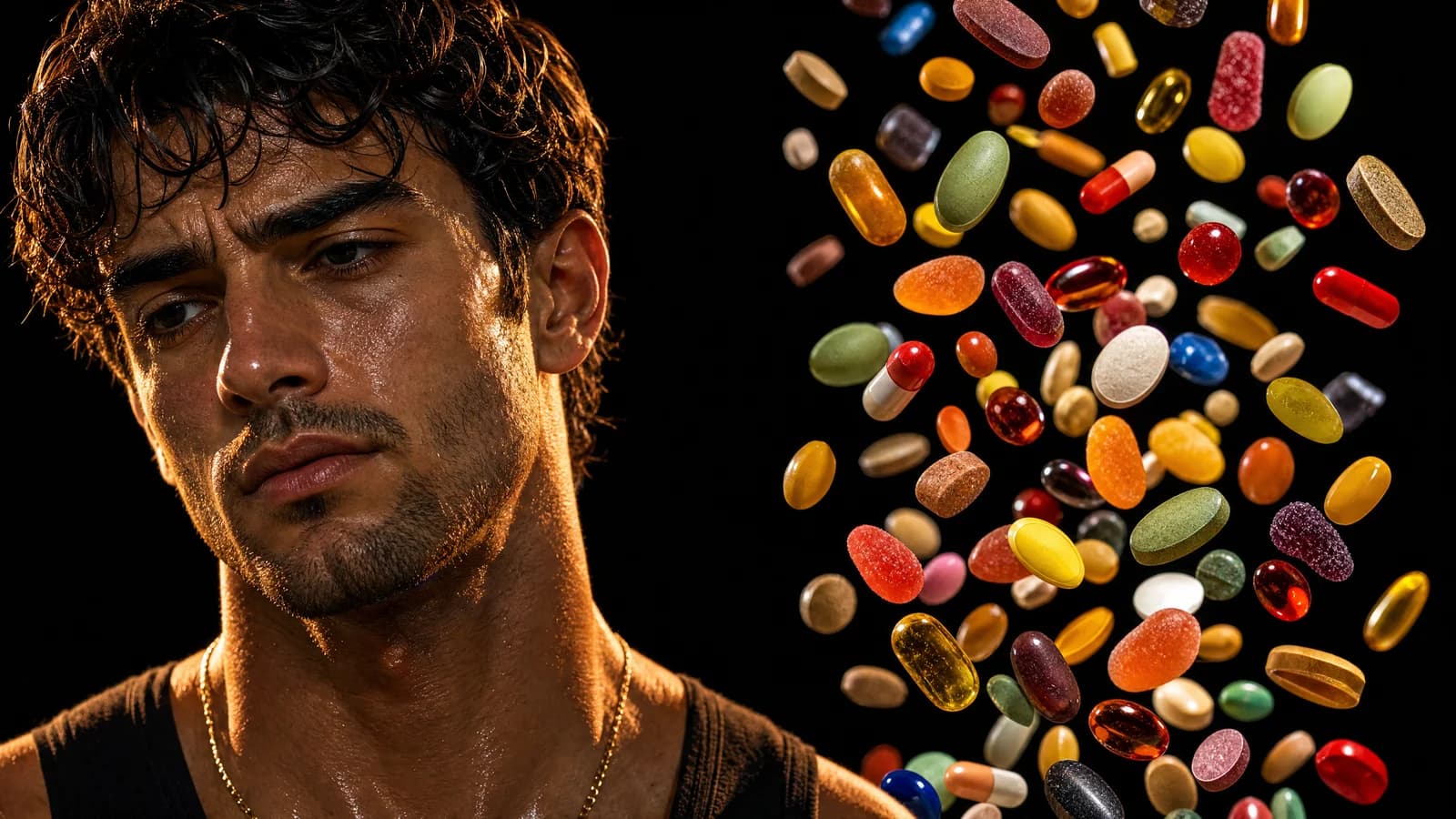 An unimpressed Sterling beside a colorful cascade of multivitamin pills