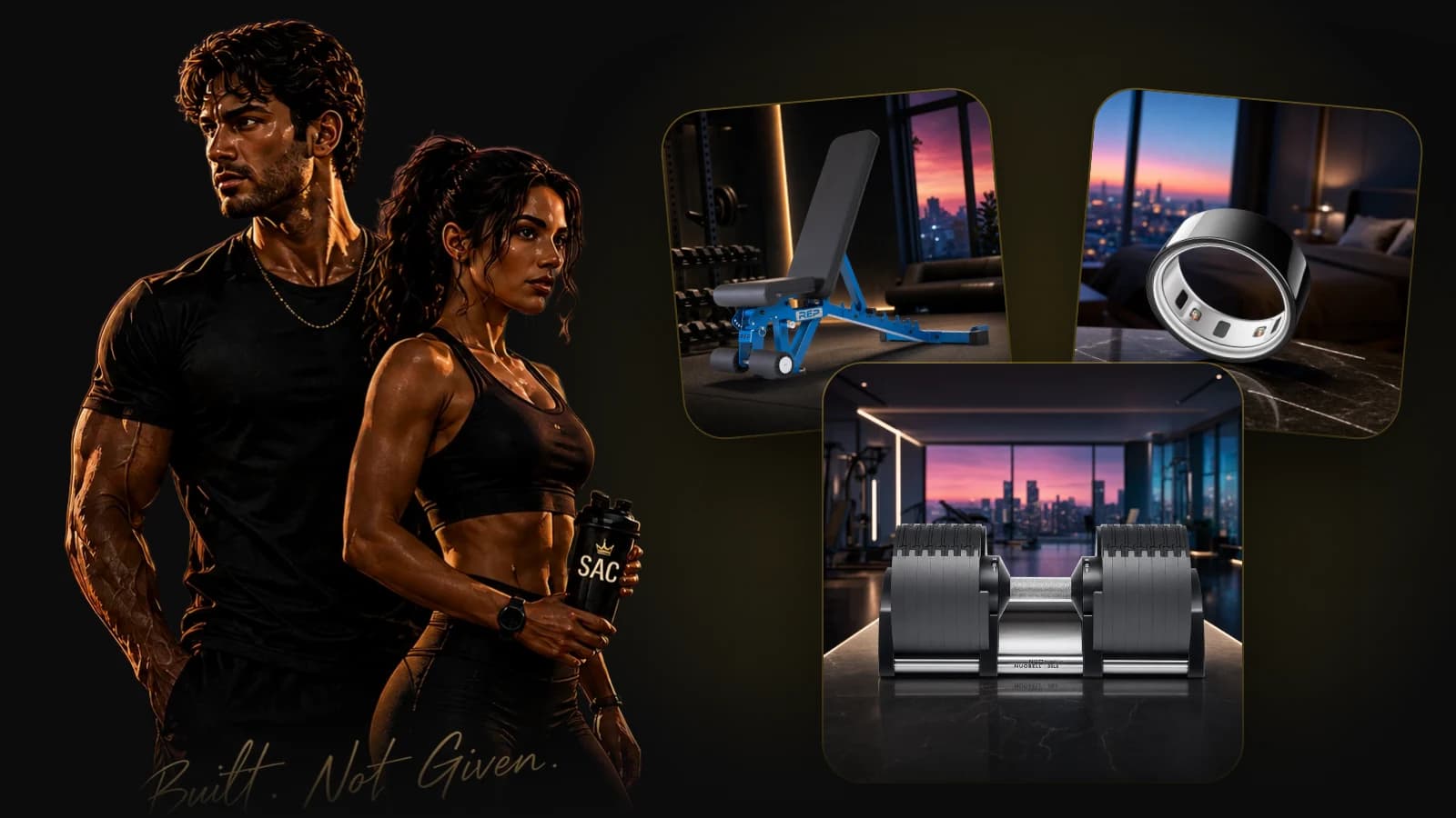 The two Achievers beside the top-ranked weight bench, sleep ring and adjustable dumbbells on black