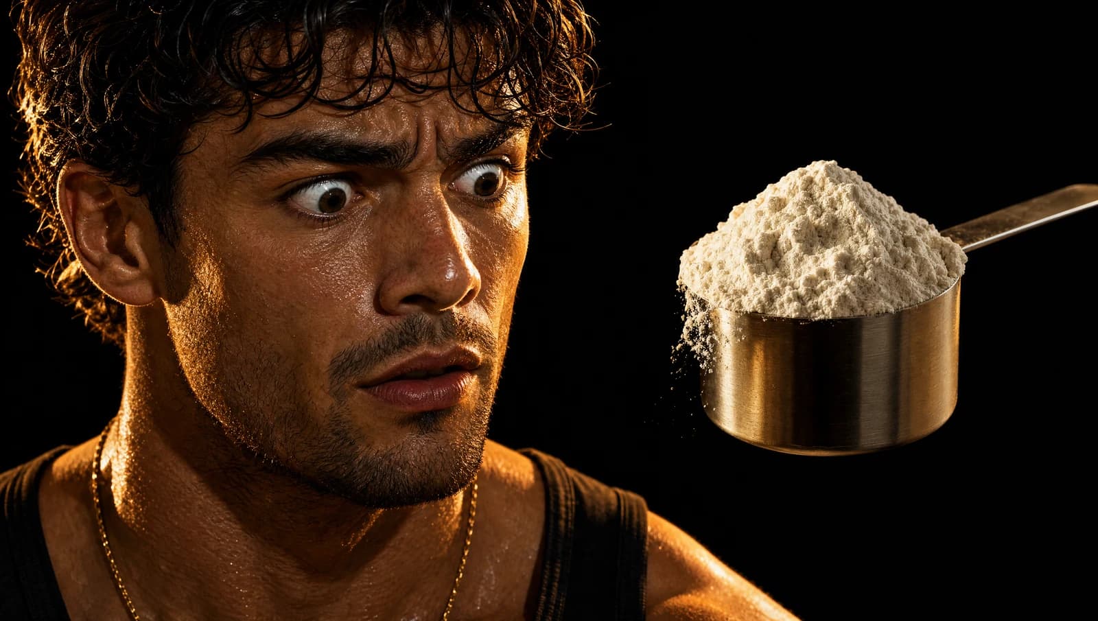 A surprised Sterling beside a plain scoop heaped with protein powder on black