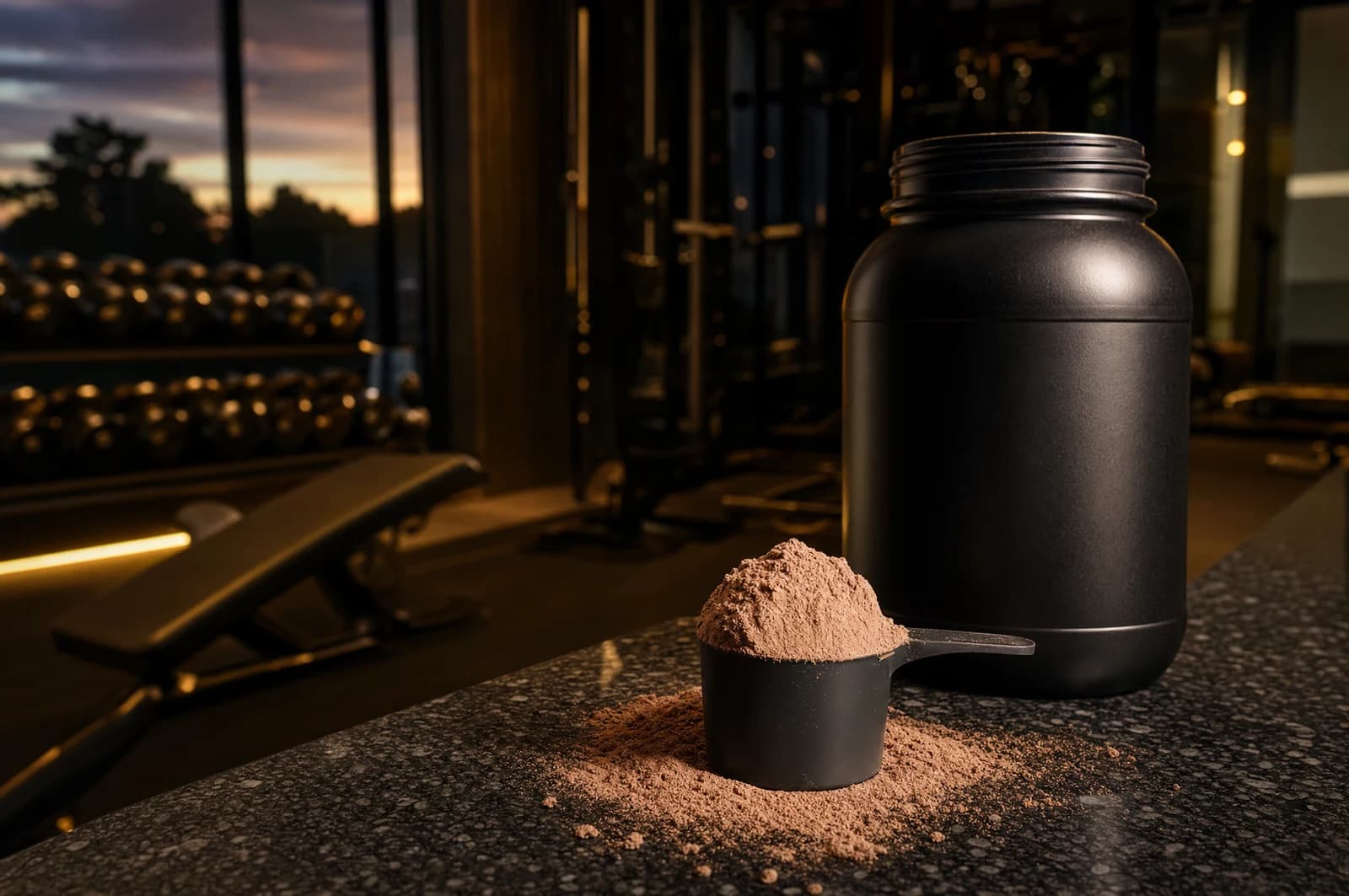 A scoop of chocolate protein powder beside an unlabeled black tub on a dark stone bench in a dusk-lit gym