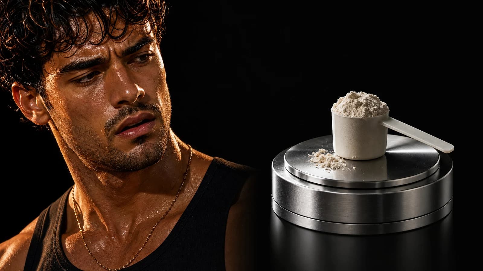 A stunned Sterling beside a protein scoop on a precise laboratory scale