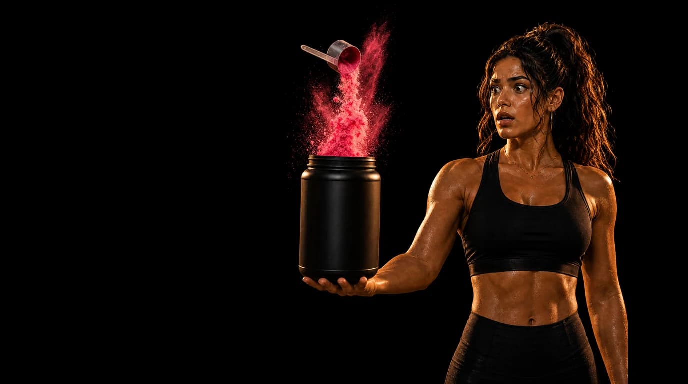 A startled woman lit in gold holds out a plain black supplement tub while bright pink pre-workout powder spills from a scoop on pure black