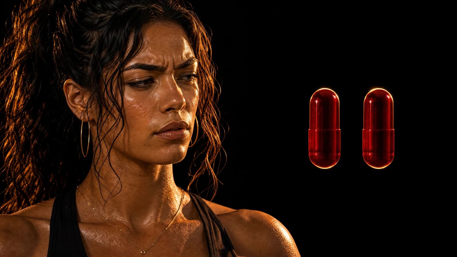 A sceptical woman lit in gold beside two identical red capsules on pure black