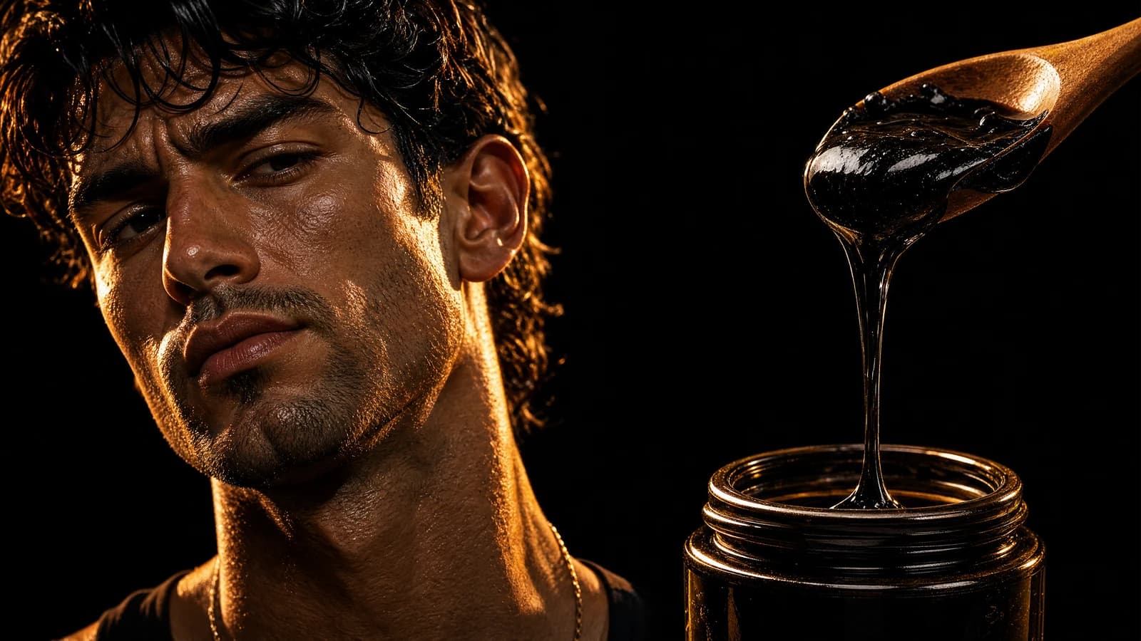 Sterling studies black shilajit resin dripping from a spoon into a dark jar