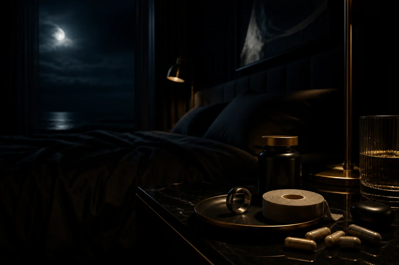 A dark nighttime bedroom with moonlight through a window and a nightstand holding a smart ring, a roll of mouth tape and supplement capsules lit by a thin gold rim of light