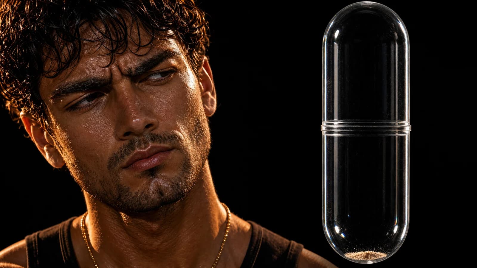 A suspicious Sterling inspects a nearly empty transparent capsule