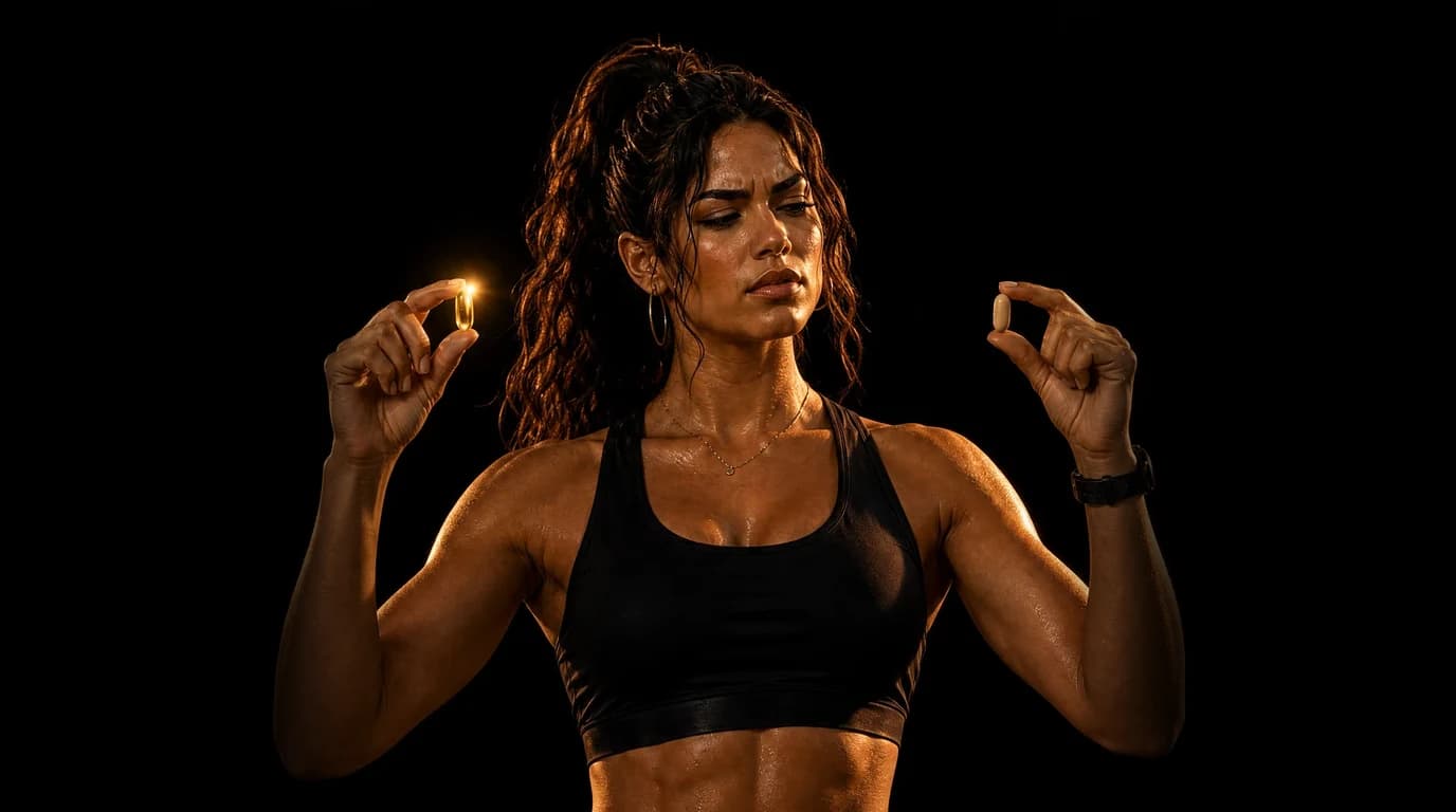 A sceptical woman lit in gold holds up two vitamin D softgels, one glowing and one dull, on pure black