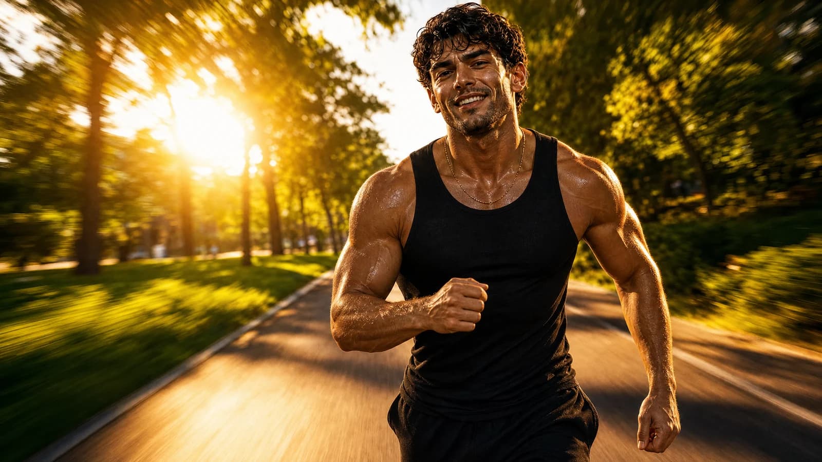 A man power-walking toward the camera on a sunlit park path at golden hour