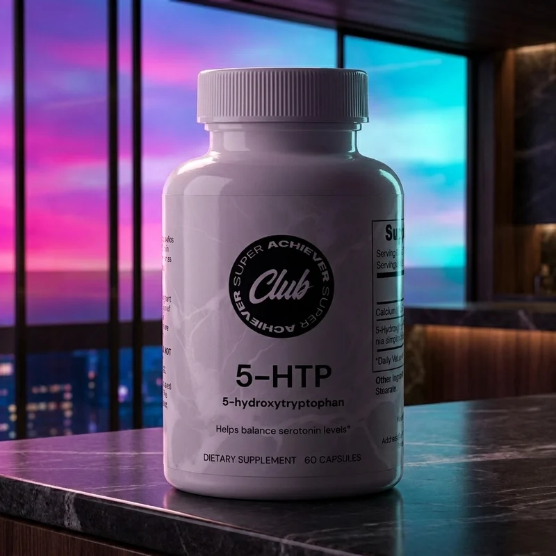 Super Achiever Club 5-HTP bottle in a dark-luxe penthouse