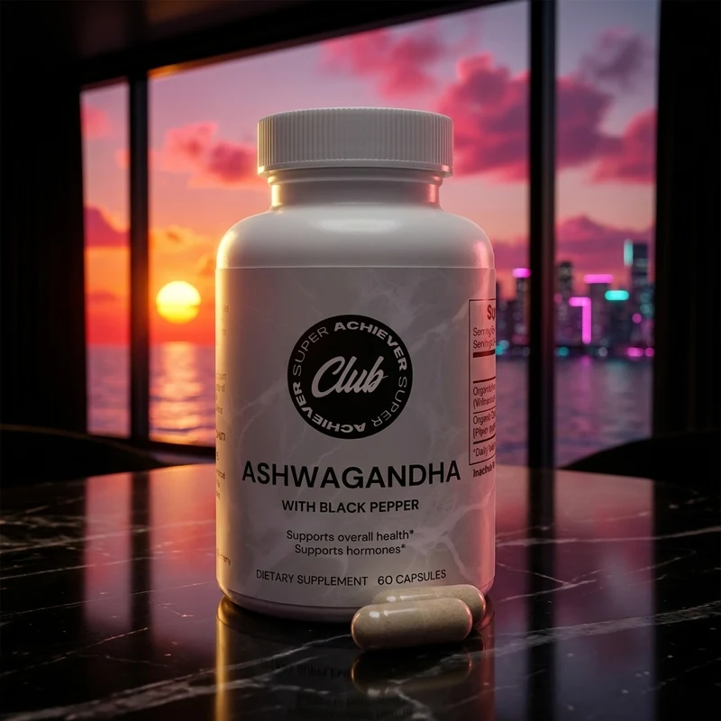 Super Achiever Club Ashwagandha bottle in a dark-luxe penthouse