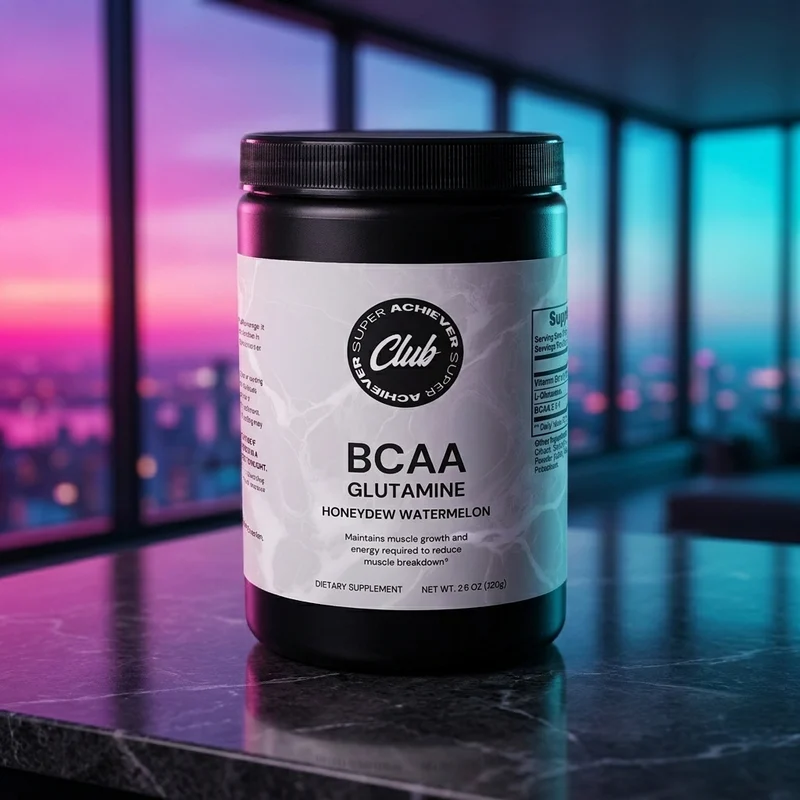 Super Achiever Club BCAA + Glutamine watermelon tub in a dark-luxe penthouse