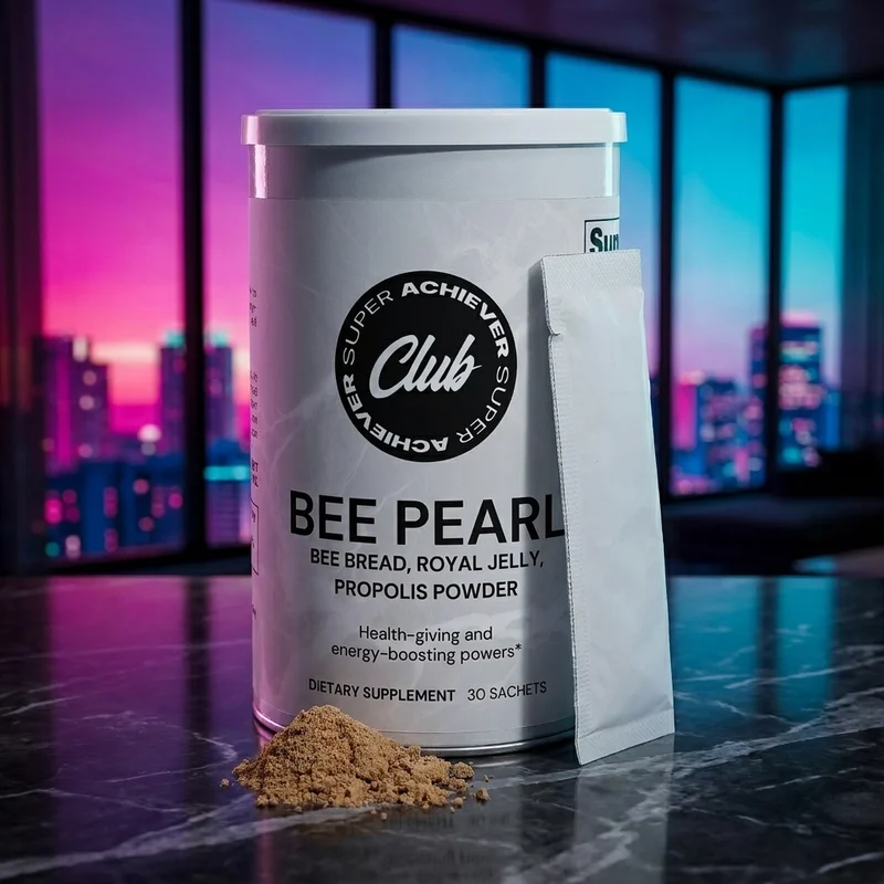 Super Achiever Club Bee Pearl sachets in a dark-luxe penthouse