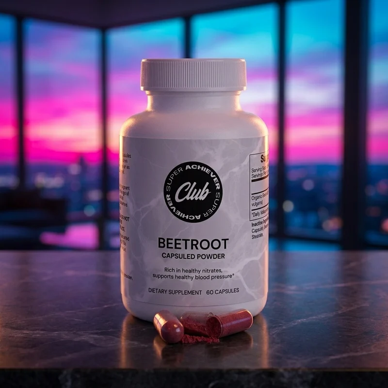 Super Achiever Club Organic Beetroot bottle in a dark-luxe penthouse