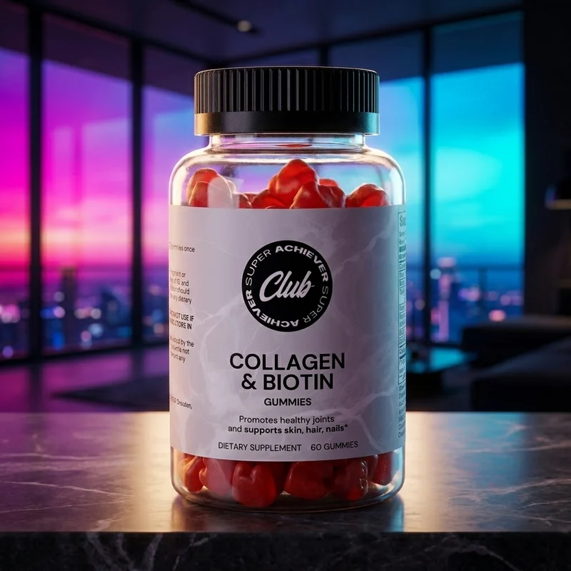 Super Achiever Club Collagen + Biotin Gummies bottle in a dark-luxe penthouse