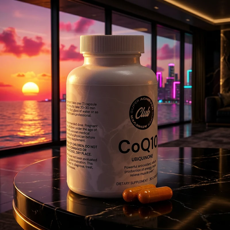 Super Achiever Club CoQ10 bottle in a dark-luxe penthouse