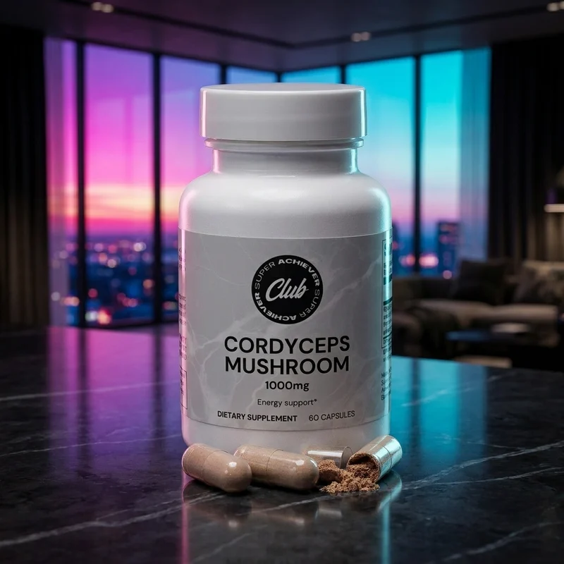 Super Achiever Club Organic Cordyceps bottle in a dark-luxe penthouse