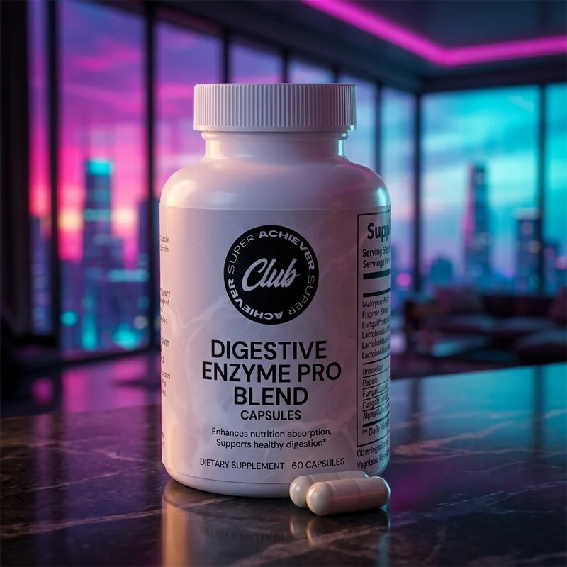 Super Achiever Club Multi Digestive Enzyme bottle in a dark-luxe penthouse