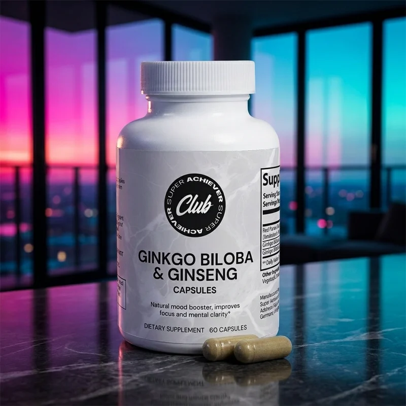 Super Achiever Club Ginkgo Biloba & Ginseng bottle in a dark-luxe penthouse